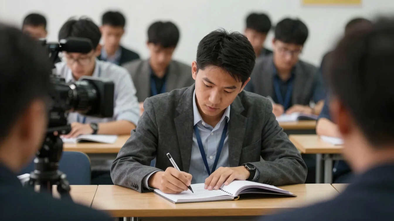 Journalistic photo of a reporter taking notes at a press conferen