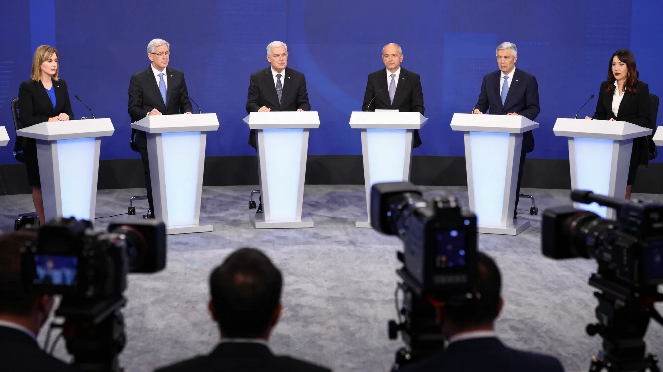Journalistic video thumbnail of a political debate, clean composi
