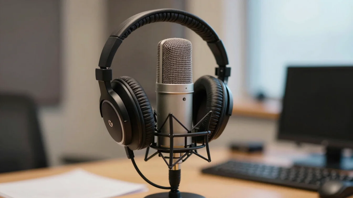 Close-up of a microphone and headphones in a podcast studio, warm