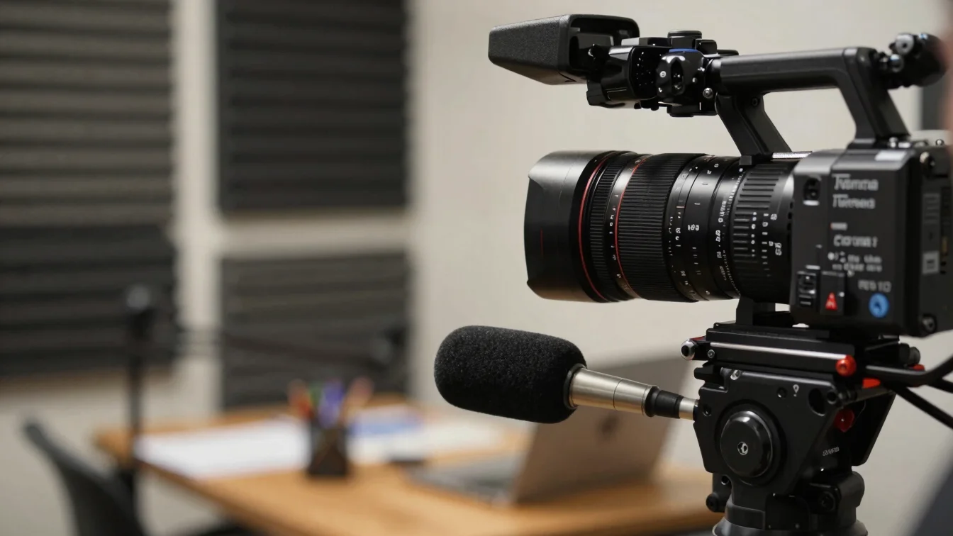 Journalist recording a podcast, microphone close-up, soundproofin