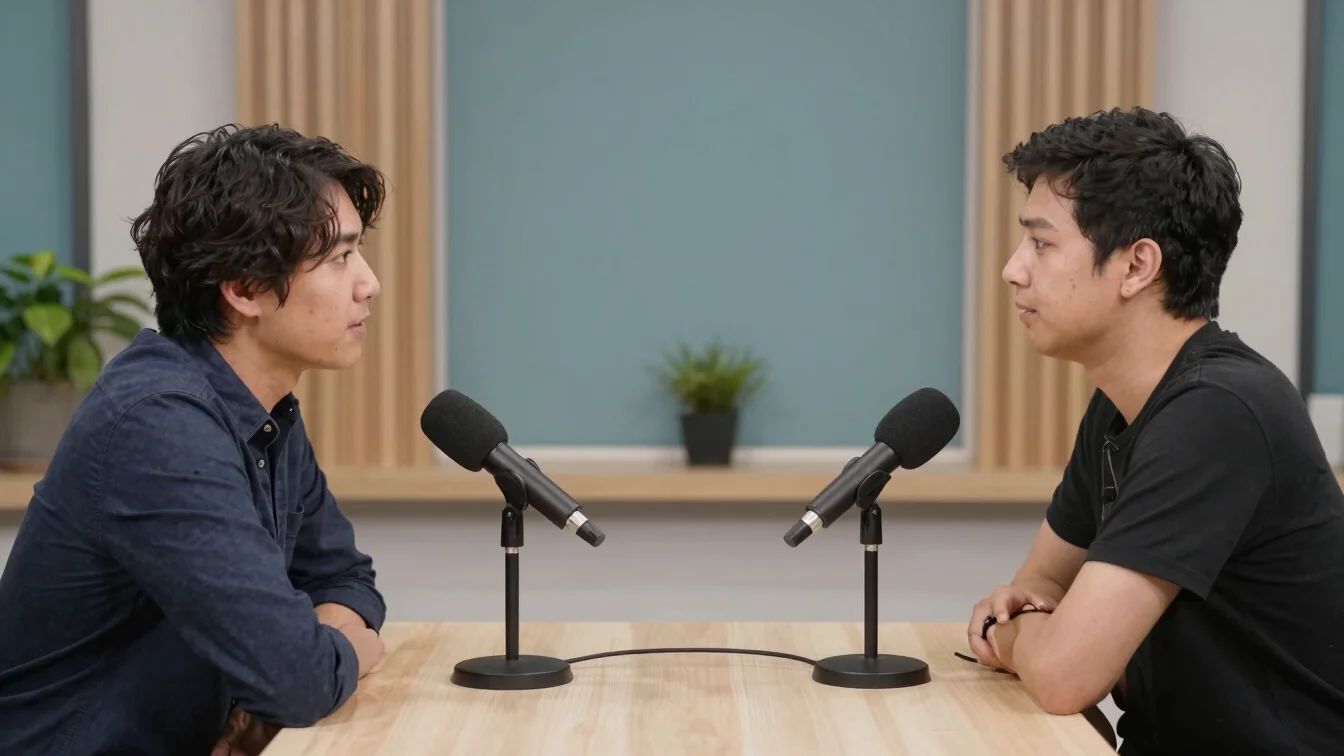 Podcast host interviewing a guest, two microphones, natural journ