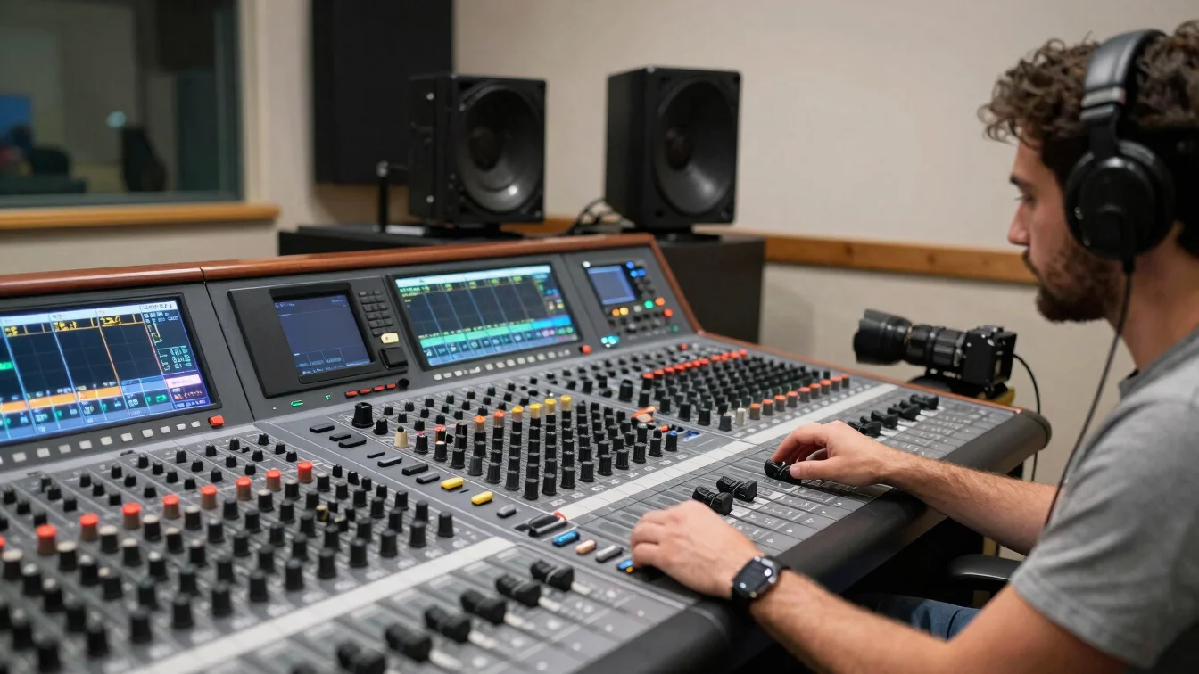Audio engineer at mixing console, podcast recording session, natu